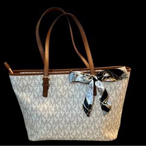Michael Kors Cream and Brown MK Tote